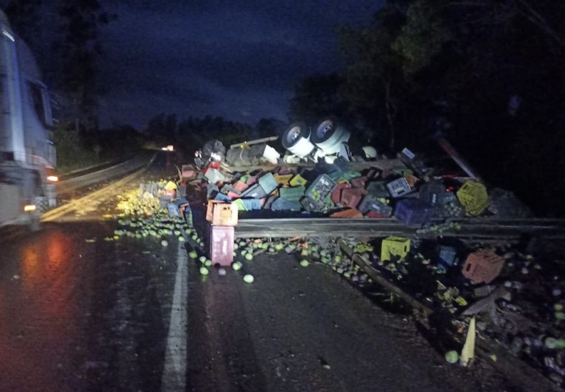 Caminhão carregado de mangas capota na BR-365, em Patos de Minas